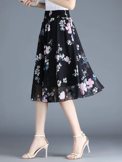 black cute chiffon Joker floral long waist A-line skirt Maxi Skirt Set