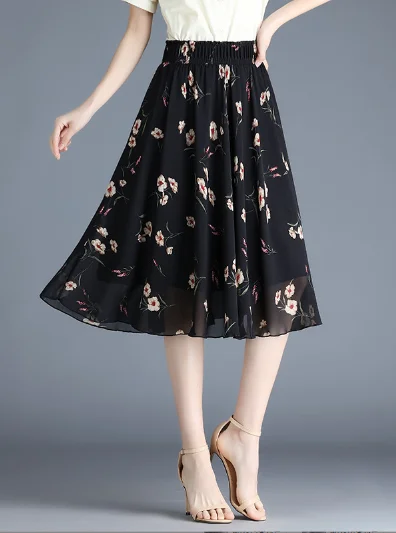 fashion chiffon Joker floral long thin waist A word skirt Trendy Maxi Skirt