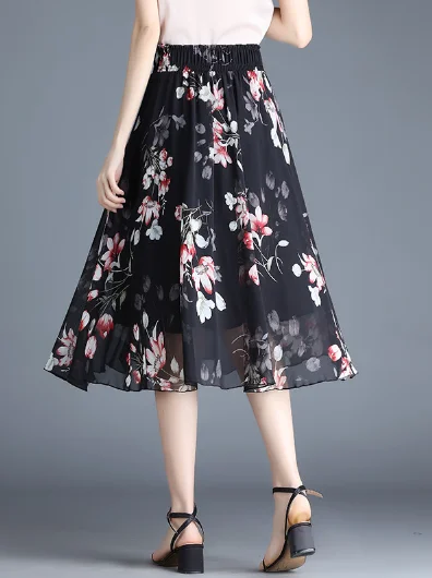 black print cute chiffon Joker floral long waist A-line skirt Satin Maxi Skirt