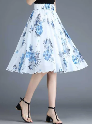 blue casual Joker floral long thin high waist A word skirt Elegant Maxi Skirt