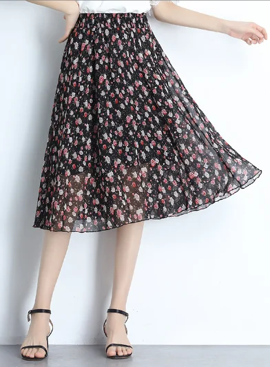 casual summer Joker floral long thin high waist Korean version big pendulum A word skirt Flowing Maxi Skirt