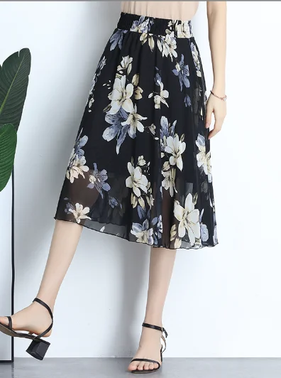 chiffon skirt women Joker floral long thin high waist A word skirt Soft Maxi Skirt