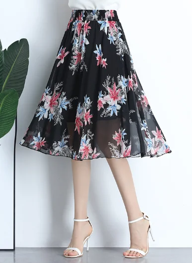 chiffon skirt women Joker floral long thin high waist A word skirt Black Maxi Skirt