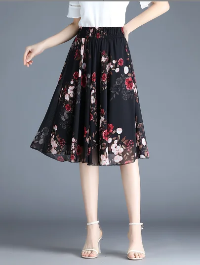 cute chiffon Joker floral long waist A-line skirt Comfortable Maxi Skirt