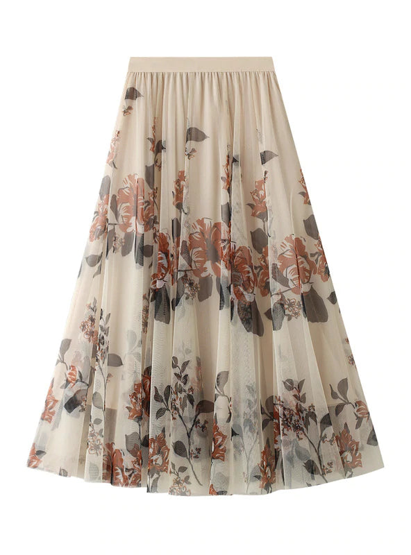 FLORAL PLEATED LONG GAUZE SKIRT Casual Long Skirt