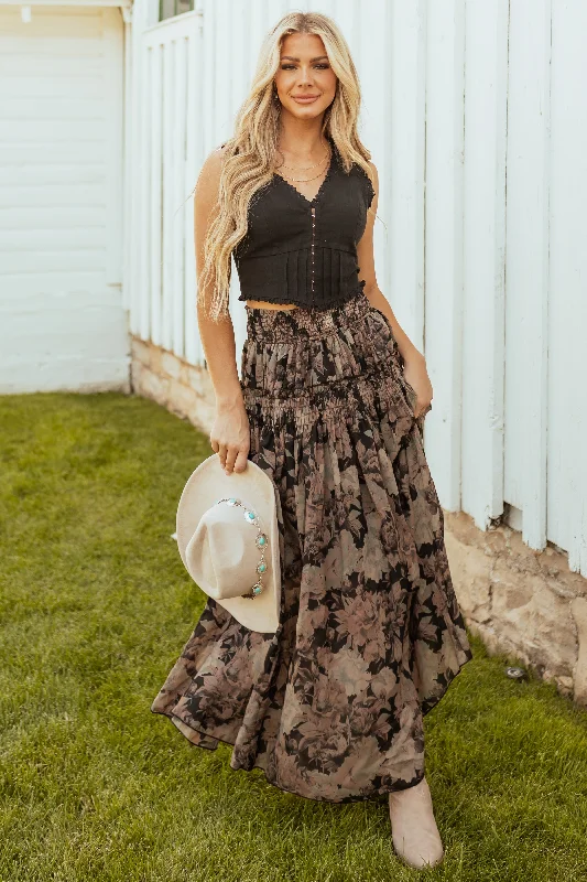 Black Floral Print Tiered Smocked Maxi Skirt Long Floral Skirt