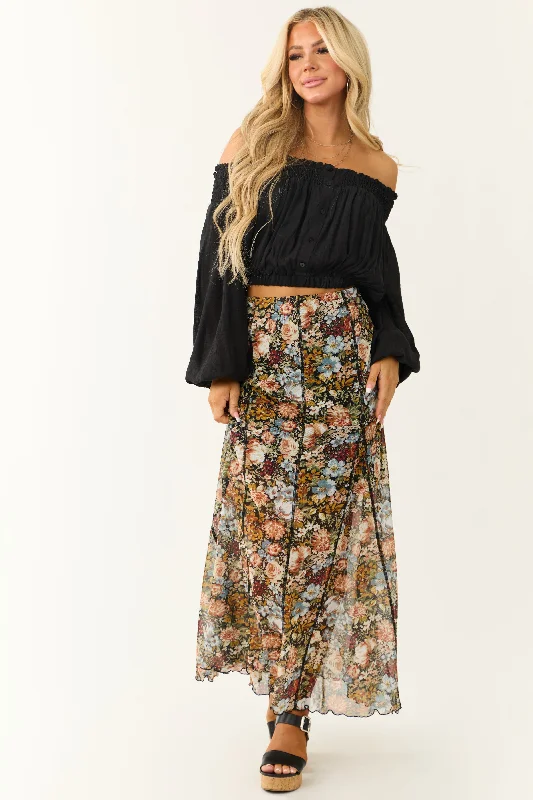 Black Mesh Overlay Floral Print Maxi Skirt Fitted Maxi Skirt