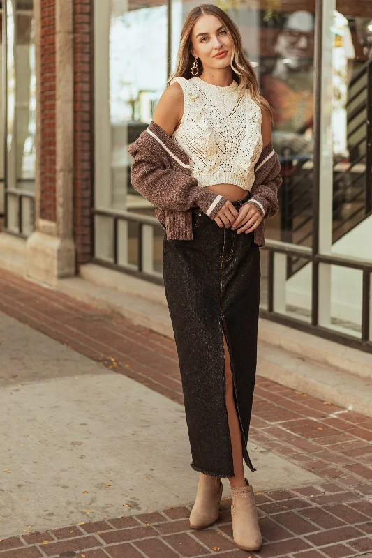 Black Washed Denim Front Slit Frayed Maxi Skirt Maxi Skirt Chic