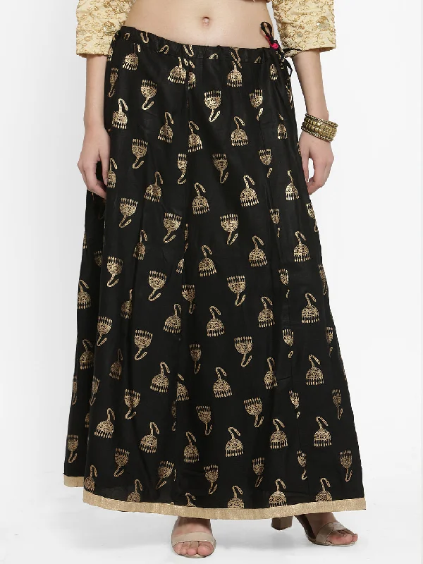 Wahe-NOOR Women's Black Printed Maxi Skirt Floral A-line Skirt