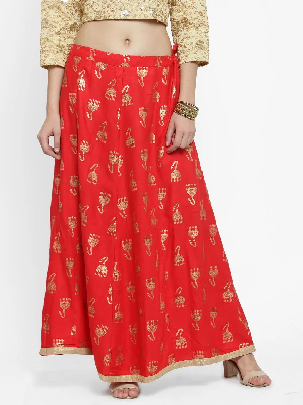 Wahe-NOOR Women's Red Printed Maxi Skirt Slim-fit Maxi Skirt