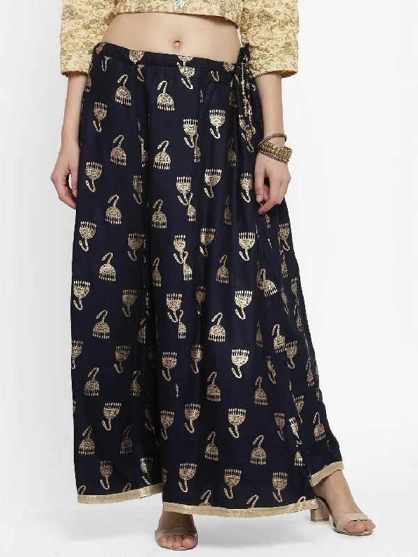 Wahe-NOOR Women's Navy Blue Printed Maxi Skirt Long Boho Skirt