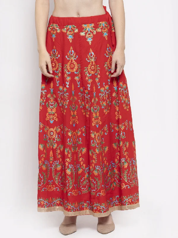 Wahe-NOOR Women's Red Printed Flared Rayon Maxi Skirt Maxi Skirt Chic