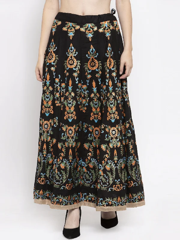 Wahe-NOOR Women's Black Printed Flared Rayon Maxi Skirt Denim Maxi Skirt