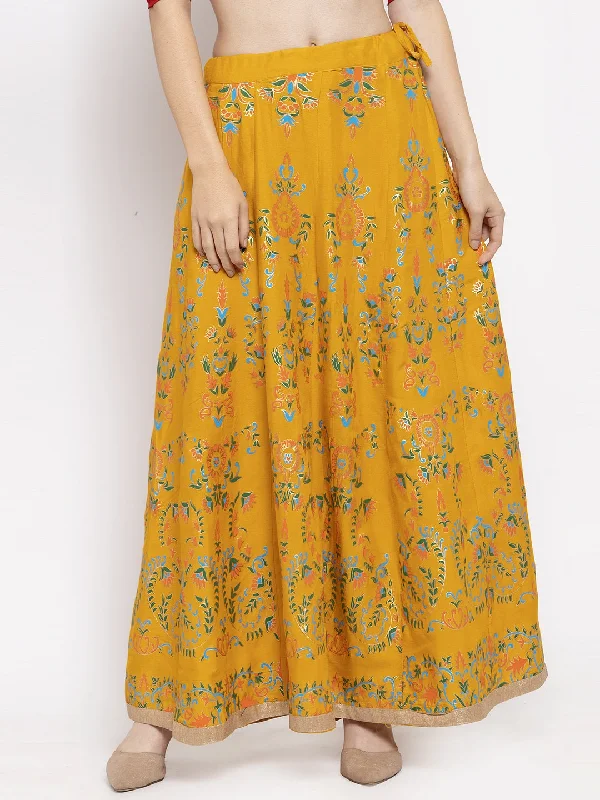 Wahe-NOOR Women's Mustard Printed Flared Rayon Maxi Skirt Button-up Maxi Skirt