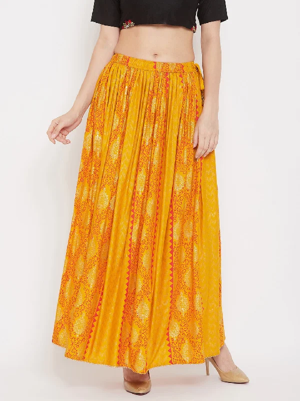 Wahe-NOOR Women's Mustard Printed Rayon Maxi Skirt A-line Maxi Skirt