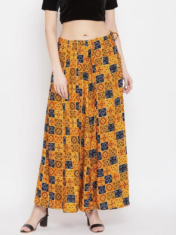 Wahe-NOOR Women's Mustard Printed Maxi Skirt Printed A-line Maxi