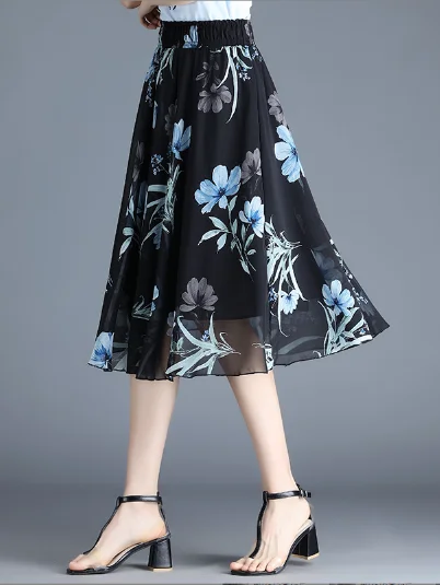 cute chiffon Joker floral long waist A-line skirt Printed Maxi Skirt