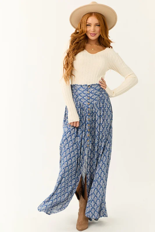 Dusty Blue Abstract Floral Print Maxi Skirt Flowy Maxi Skirt