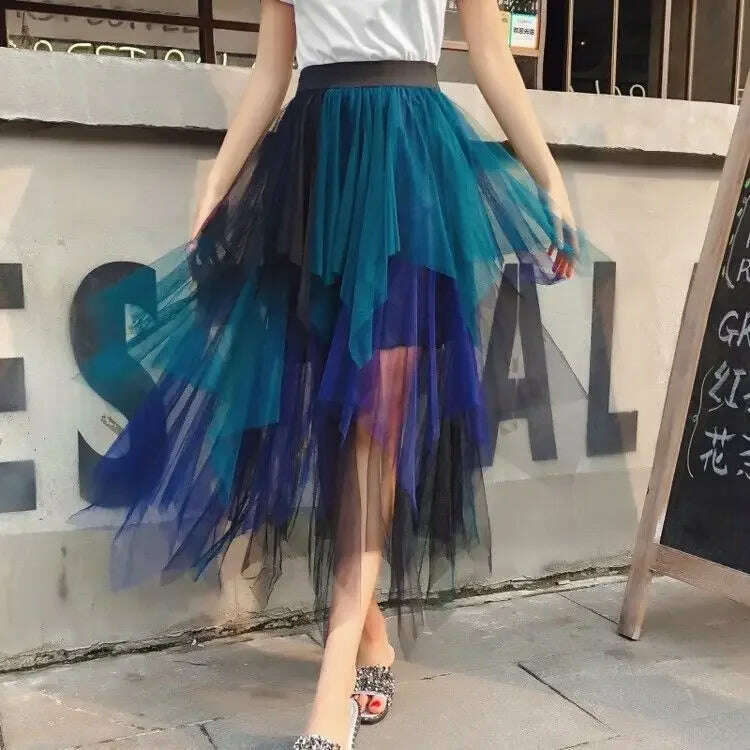 Gradient Color Irregular Tulle Skirt Spring and Summer High Waist Bubble Skirt Long Woman Skirts Mujer Faldas Saias Mulher Flowing Maxi Skirt