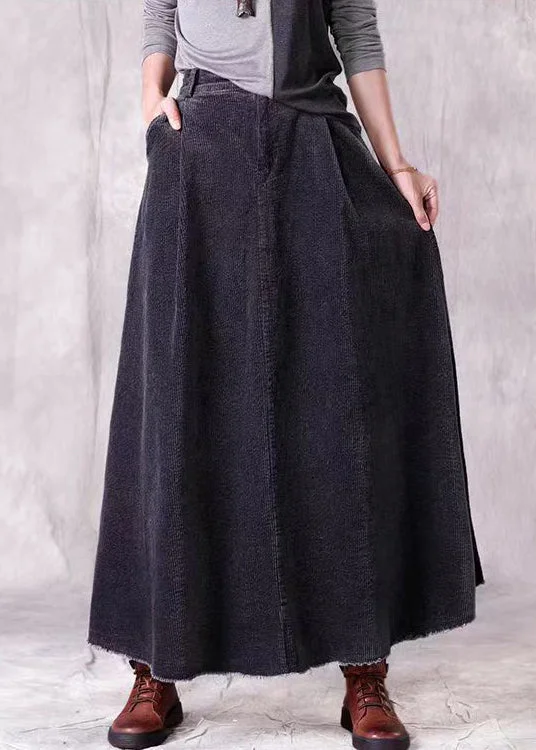 Handmade Black Wrinkled Pockets Corduroy Long Skirt Spring Maxi Skirt Outfit