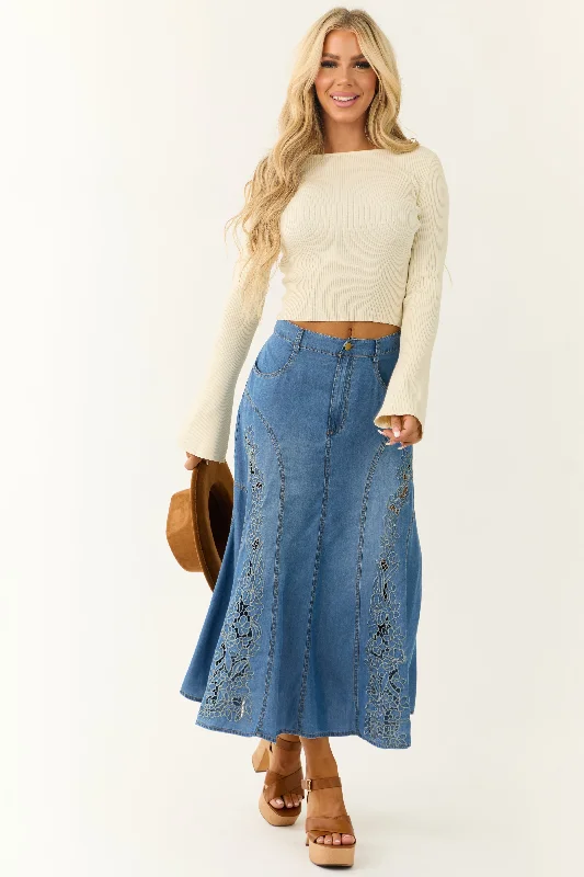 Medium Wash Denim Floral Embroidered Maxi Skirt Ruffle Long Maxi