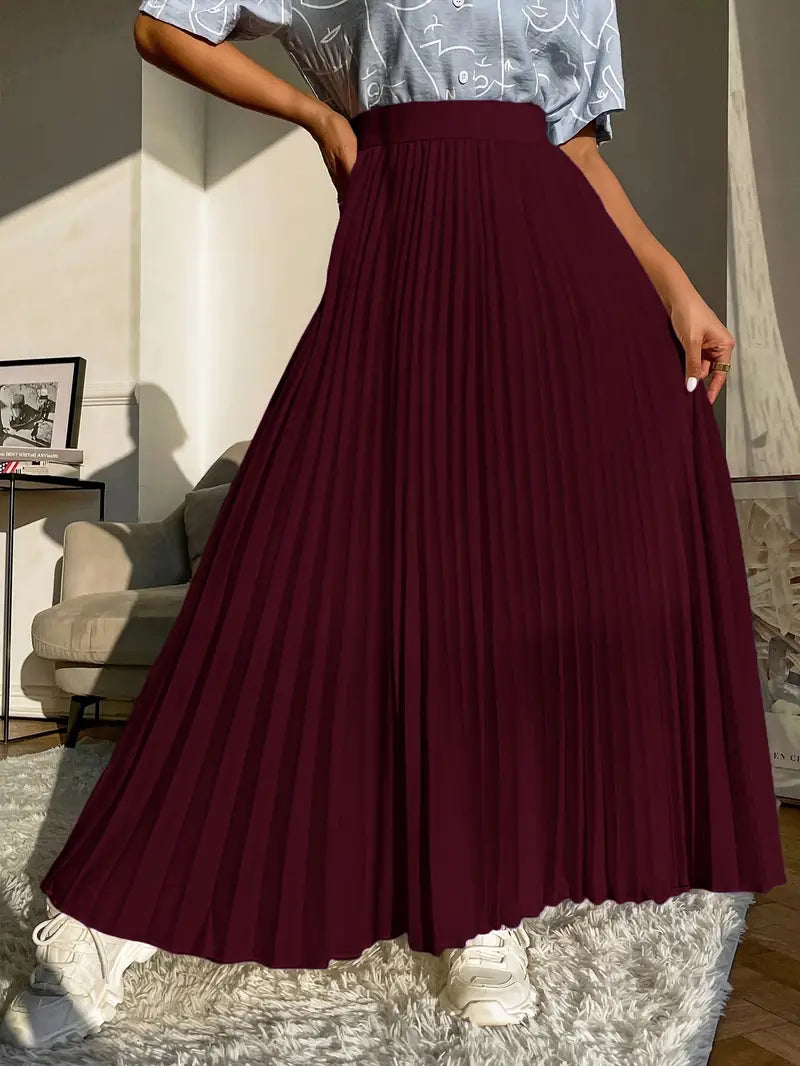 Midi Burgundy Chiffon Pleated Maxi Skirts High-Waist Maxi Skirt