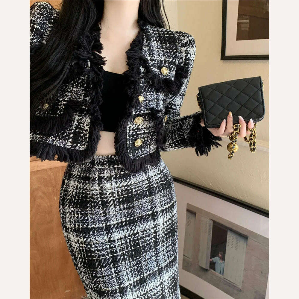 Plaid Celebrity Style New Suit Women Fashion Elegant Long-sleeved Short Coat High Waist Hip Wrap Long Skirt Two-piece Set Winter Tartan Maxi Skirt