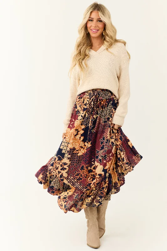 Sangria Abstract Floral Print Maxi Skirt Pleated A-line Skirt