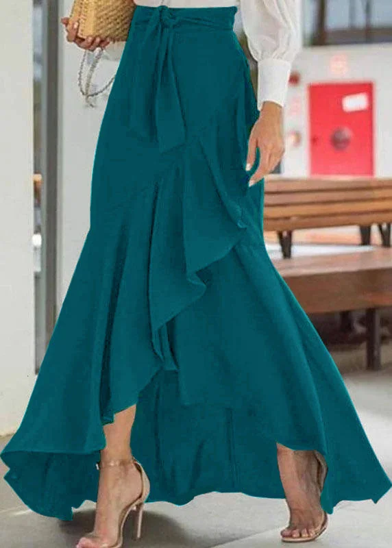 Solid Blue Color High Waist Ruffle High Low Hem Swing Maxi Skirts For Women Bold Maxi Skirt