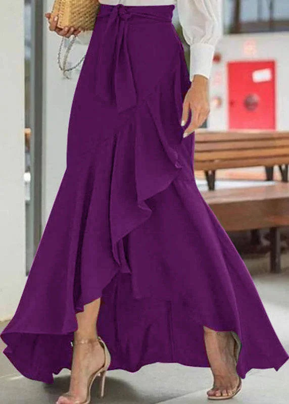 Solid Purple Color High Waist Ruffle High Low Hem Swing Maxi Skirts For Women Comfortable Long Skirt