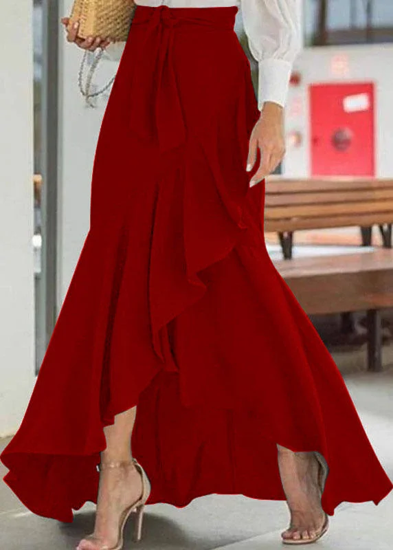 Solid Red Color High Waist Ruffle High Low Hem Swing Maxi Skirts For Women Maxi Skirt Collection