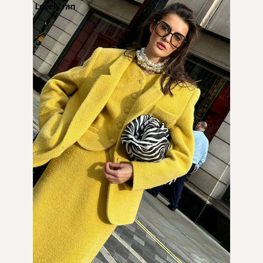 Women Fashion Yellow Skirt Sets Fashion Turn-down Neck Long Sleeve Top High Waist Skirt Two-piece Set Casual Autumn Outifits Maxi Skirt Glam