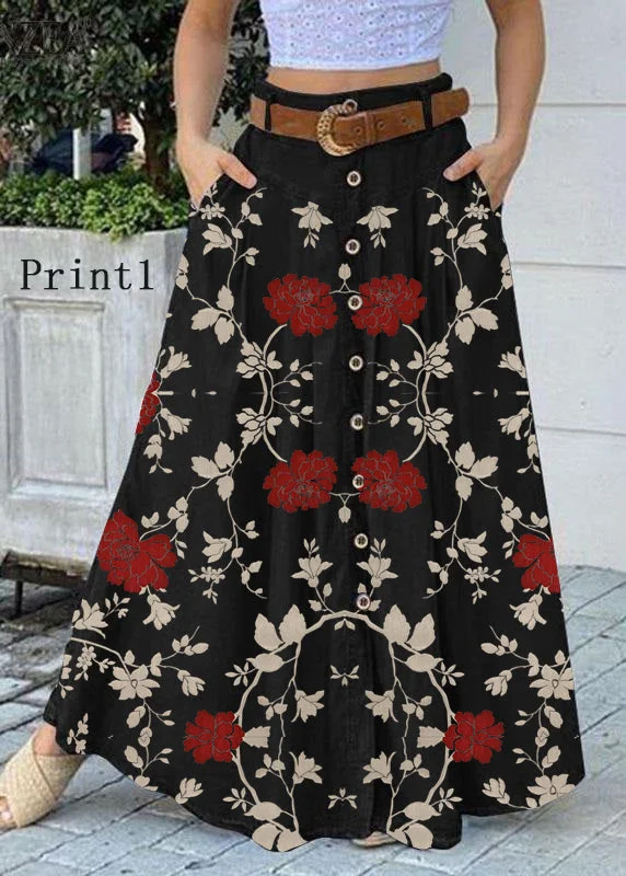 Women Solid Color Print1 Bottom Front Loose Casual Long Skirt With Pocket Button-down Maxi Skirt