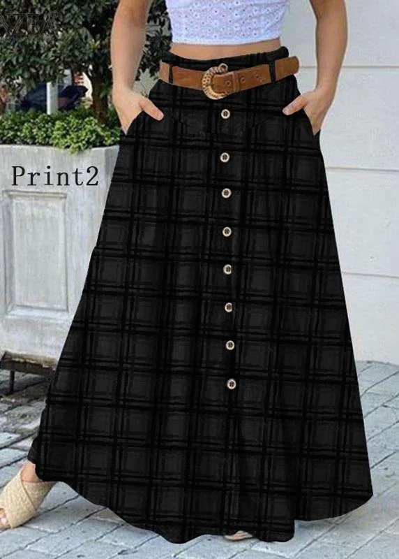 Women Solid Color Print2 Bottom Front Loose Casual Long Skirt With Pocket Soft Ruffled Maxi