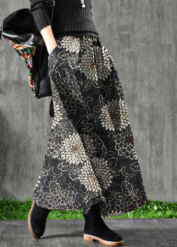 Women Velour Black flower Skirt Maxi Length Stylish Maxi Skirt