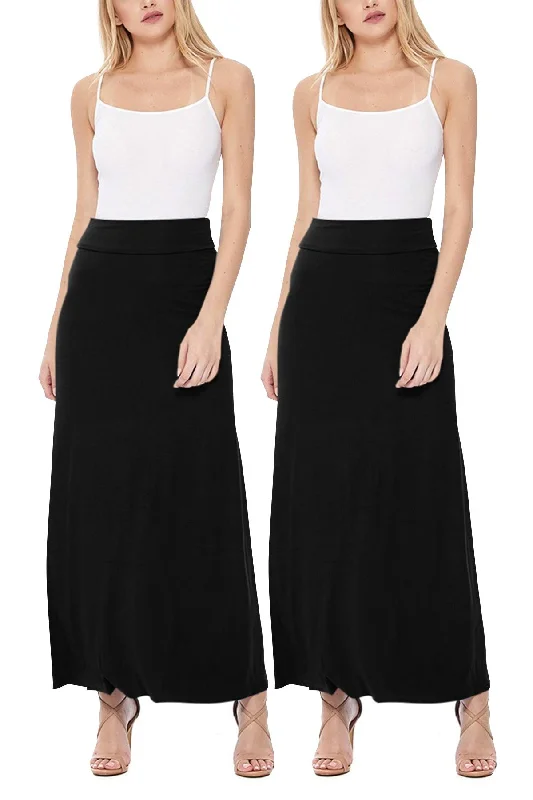 Women's Casual Foldover Waist A-Line Loose Fit Lounge Maxi Long Skirt S-3XL (Pack of 2) Maxi Skirt Fashion