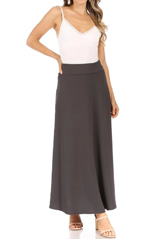 Women's Casual Solid Flare A-line Long Skirt with Elastic Waistband Flowing Boho Skirt