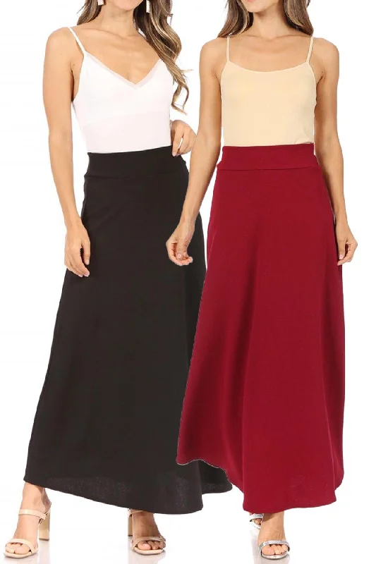 Women's Casual Solid Flare A-line Long Skirt with Elastic Waistband Pack of 2 Summer Maxi Skirt