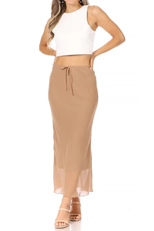 Women's High Rise Chiffon Overlay Maxi Draped Skirt with Waist Tie Accent. Soft Pleated Maxi