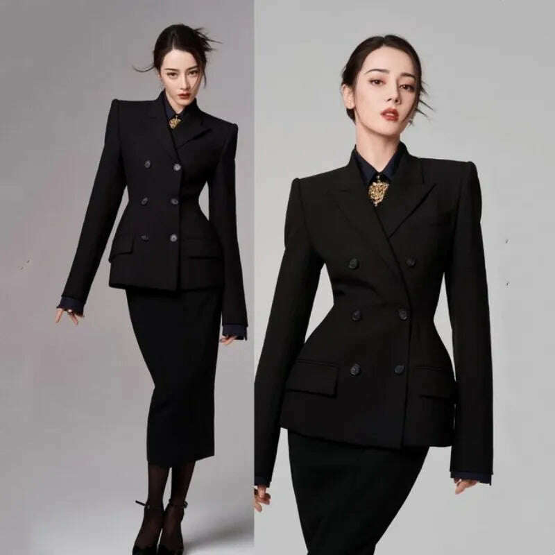 Women's Suit Heroic 2-piece Set Fashion Solid Color Double-breasted Handsome Lapel Collar and Calf Long Skirt Slim Top Suitable Casual Long Skirt