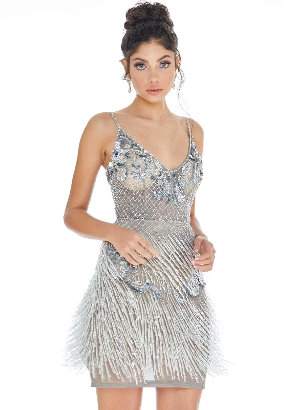 Ashley Lauren - Bead-Fringed Sheath Dress 4261 - 1 pc Silver/Pewter In Size 8 Available Minimalist unclassified dresses