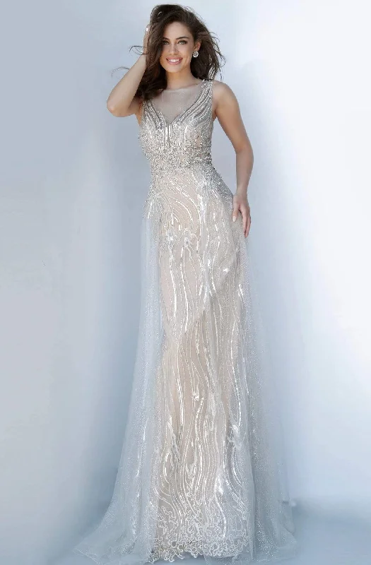 Jovani - Trailing Adorned Bateau Sheath Dress 2352SC - 1 pc Silver/Nude In Size 4 Available Best-selling unclassified dresses