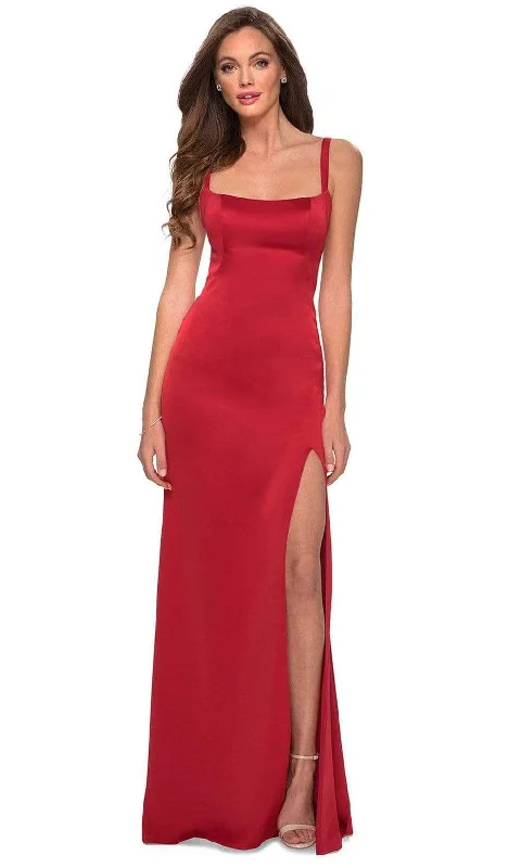 La Femme - 29349 Square Neck Plain Slit Dress Elegant unclassified dresses