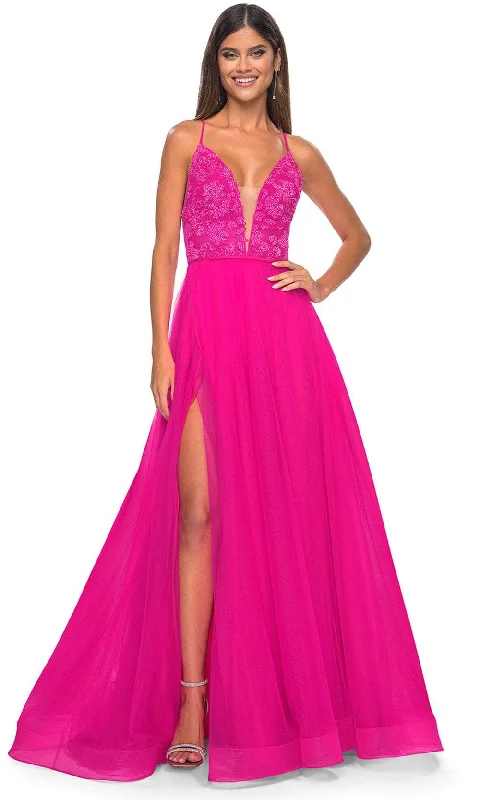 La Femme 32059 - Plunging Applique Prom Dress Chiffon unclassified dresses