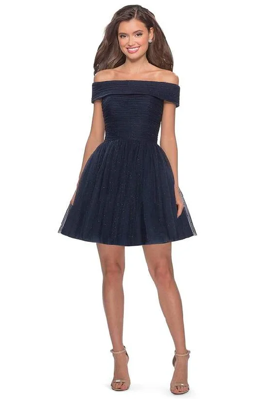 La Femme - Off Shoulder Pleated A-Line Dress 28234SC - 1 pc Navy In Size 8 Available Summer unclassified dresses