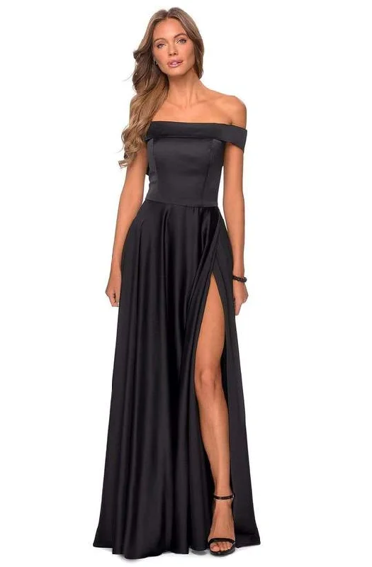 La Femme - Off Shoulder Satin A-Line Dress 28978SC - 1 pc Black In Size 18 Available Smocked unclassified dresses