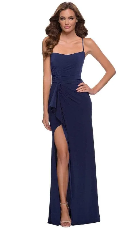 La Femme - Strappy Ruffle Accent High Slit Dress 29735SC - 1 pc Navy In Size 00 Available Discounted unclassified dresses