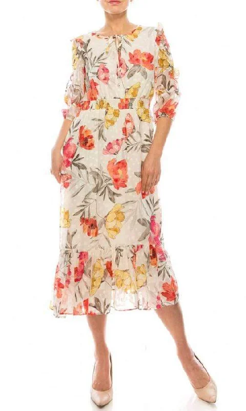 Maison Tara - Ruffle Trimmed Sleeve Tie Notch A-Line Dress 95084M - 1 pc Ivory Coral Yellow In Size 10 Available Office unclassified dresses