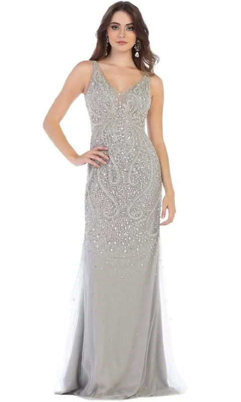 May Queen - Crystal Beaded V-neck Sheath Dress RQ7650 - 1 pc Champagne In Size 20 Available Everyday wear unclassified dresses