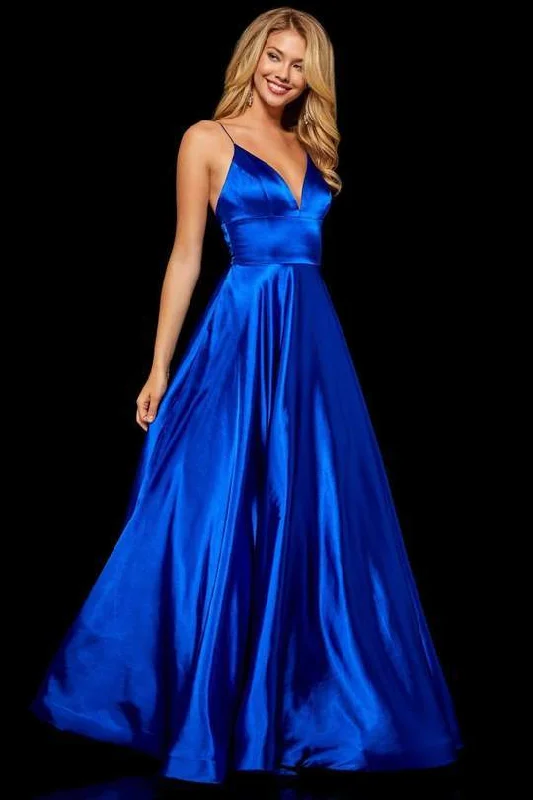 Sherri Hill - V Neck Spaghetti Straps A-Line Satin Dress 52195 - 1 pc Dark Royal In Size 00 Available Earthy tone unclassified dresses